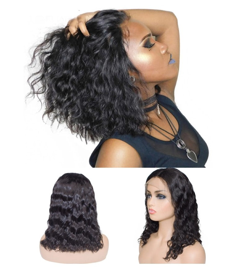 Water Curly Bob Natural Black Wig | 100% Pure Virgin Human Hair | Transparent Swiss Lace | 220% Density