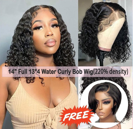 Water Curly Bob Natural Black Wig | 100% Pure Virgin Human Hair | Transparent Swiss Lace | 220% Density
